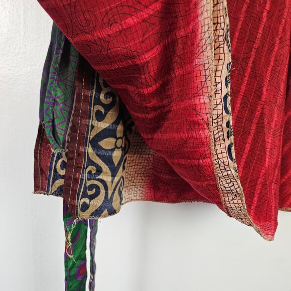 Darn Good Yarn Sari Wrap Skirt Mini Length (Fits Sizes 8-20) Red Tan Multi - Picture 5 of 8